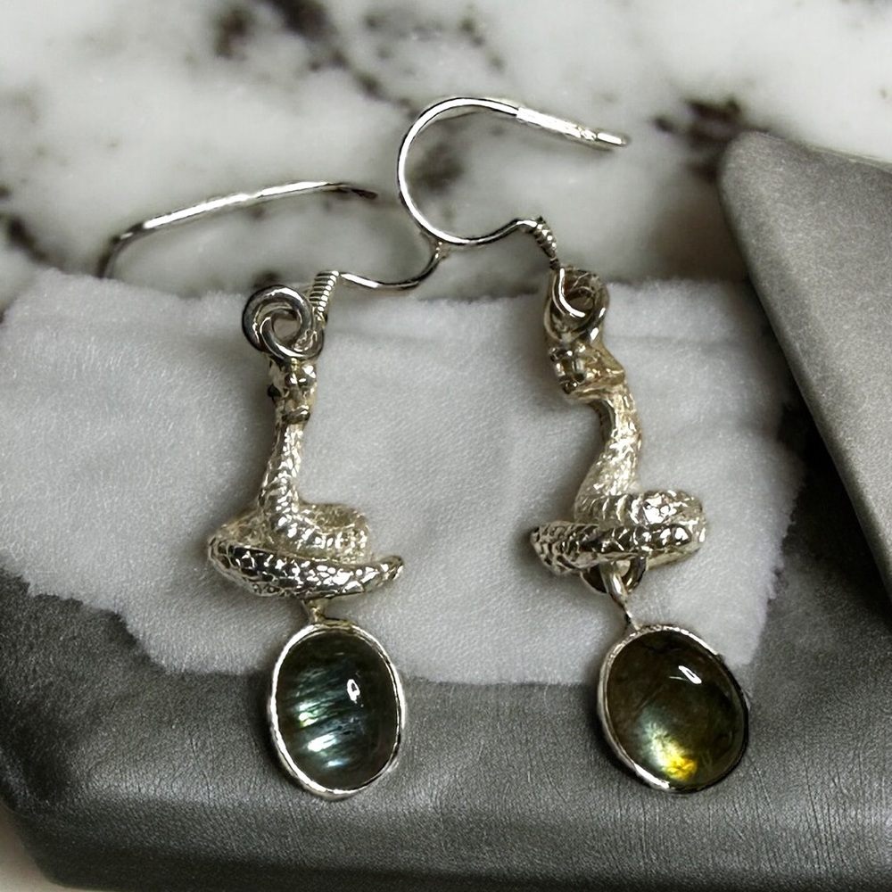 Sterling Silver Snake & Rainbow Moonstone Earrings